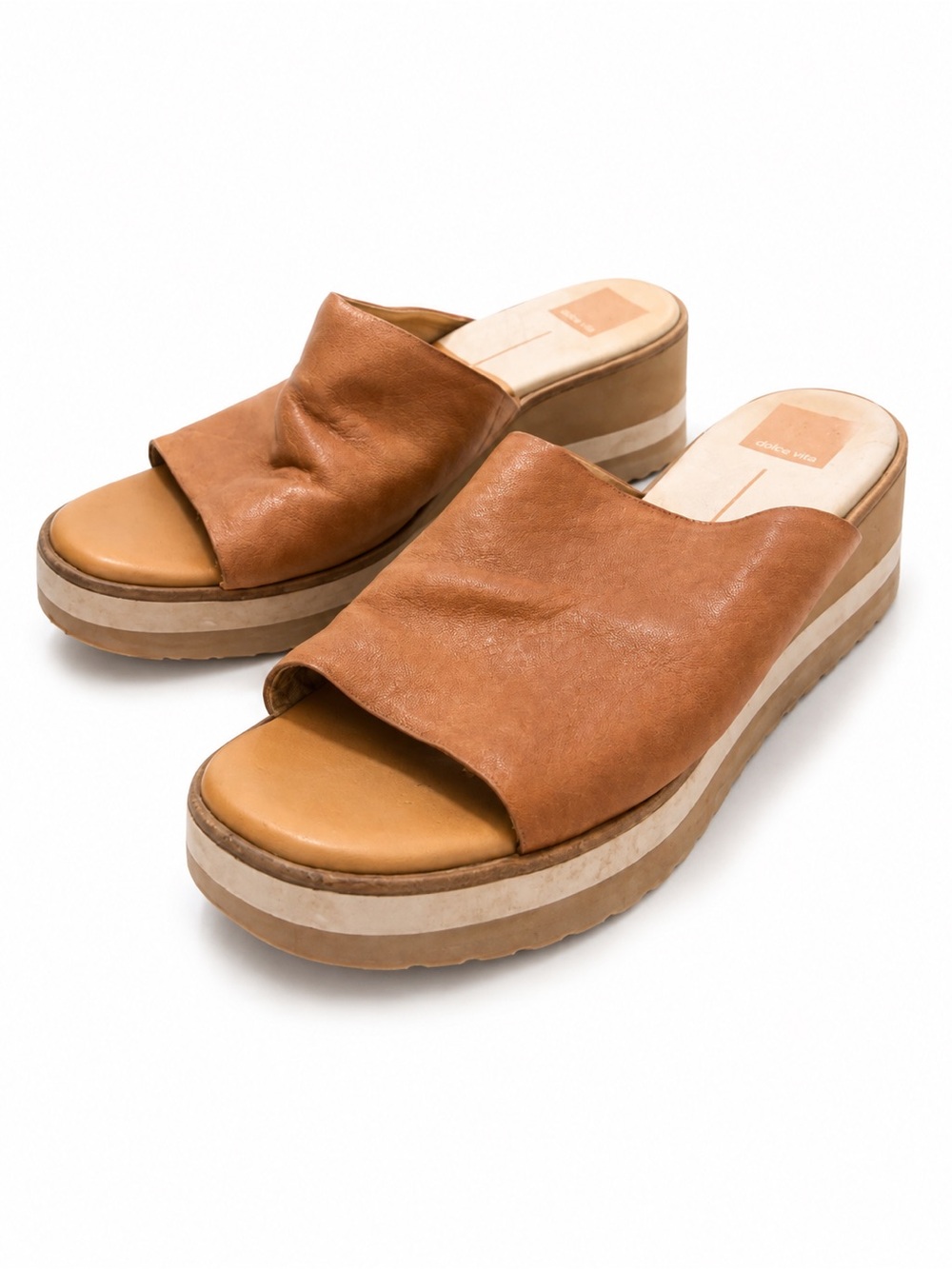 Dolce Vita Brown Leather Platform Wedge Slide Sandals